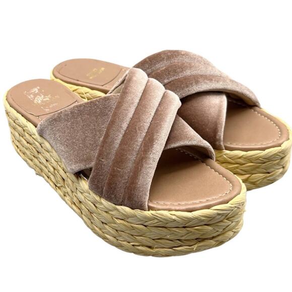 Stuart Weitzman Sz 9 Pufftoproffia Blush Pink Velvet Raffia Platform Sandals - Picture 1 of 9